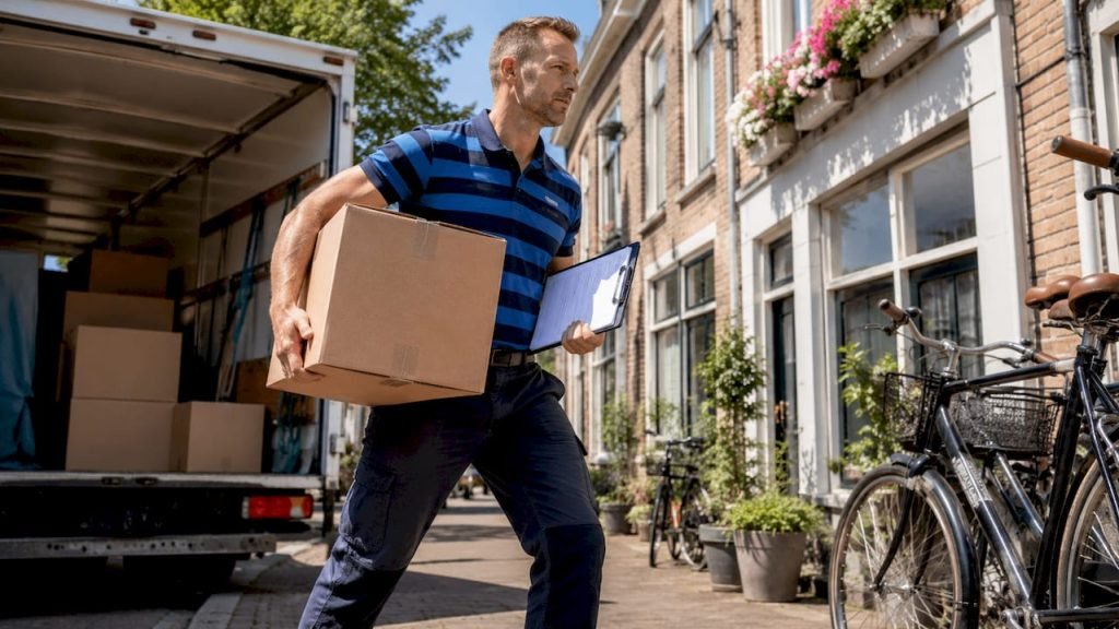 Een verhuizer is buiten bezig dozen in een verhuiswagen te laden.