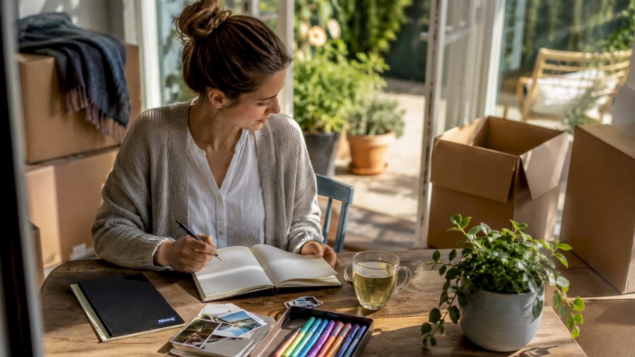 Vrouw zit aan de keukentafel plannen te maken voor de verhuizing, omringd door verhuisdozen.