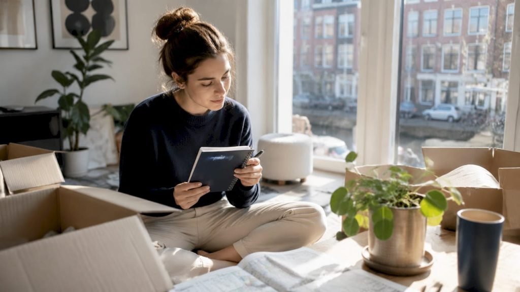 Aan de keukentafel bespreekt een vrouw haar plannen om binnenkort naar Amsterdam te verhuizen.