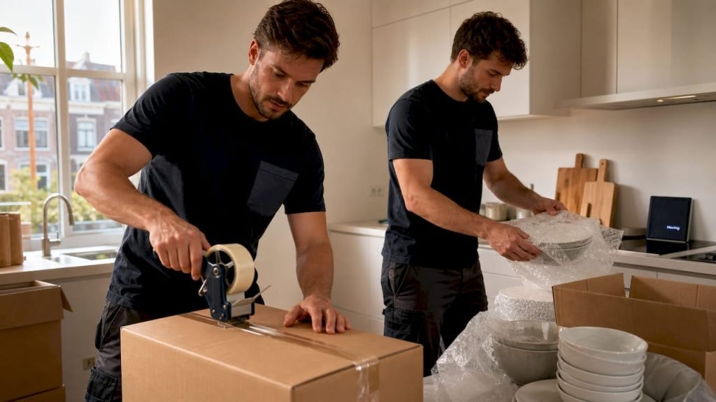 In een woning in Haarlem zijn vakmensen druk bezig met het inpakken van verhuisdozen.