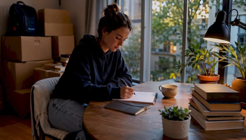 Een vrouw zit aan de keukentafel en stelt een lijst op met alles wat ze niet wil vergeten tijdens haar verhuizing.