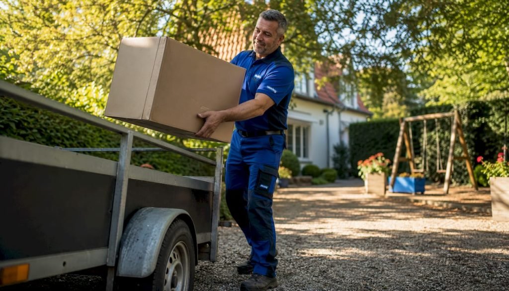 Een verhuizer tilt een verhuisdoos naar de wagen die voor het huis staat geparkeerd.
