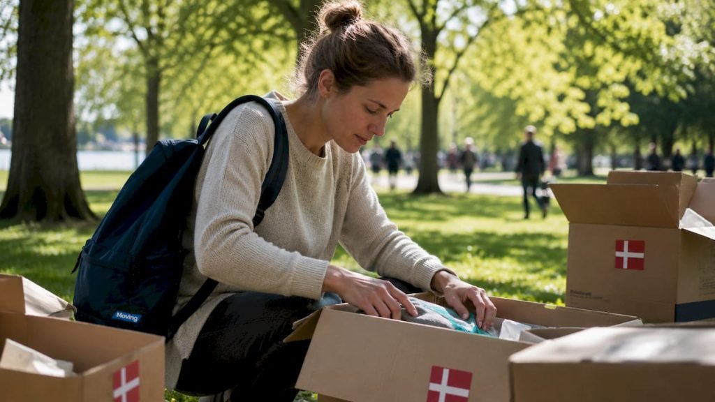 Een vrouw is bezig verhuisdozen in een bus te tillen voor haar huis.