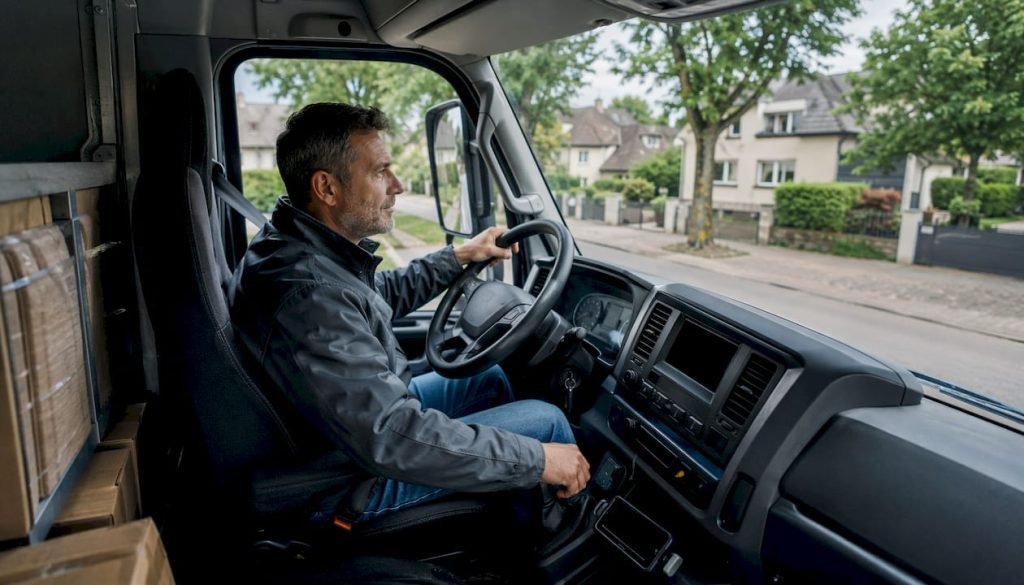 De verhuiswagen staat voor het huis geparkeerd, terwijl de chauffeur geduldig zit te wachten.