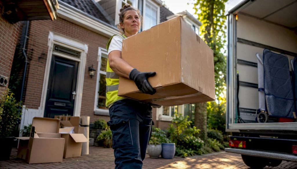 Een vrouw die werkt bij een verhuisbedrijf tilt een doos in een lichte, ruime woonkamer.