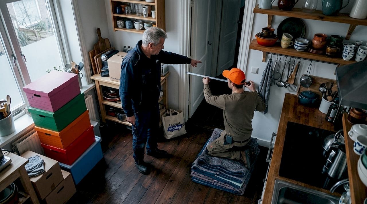 Voordat ze beginnen met verhuizen, bekijken de verhuizers eerst goed of alle spullen door het smalle gangetje passen.