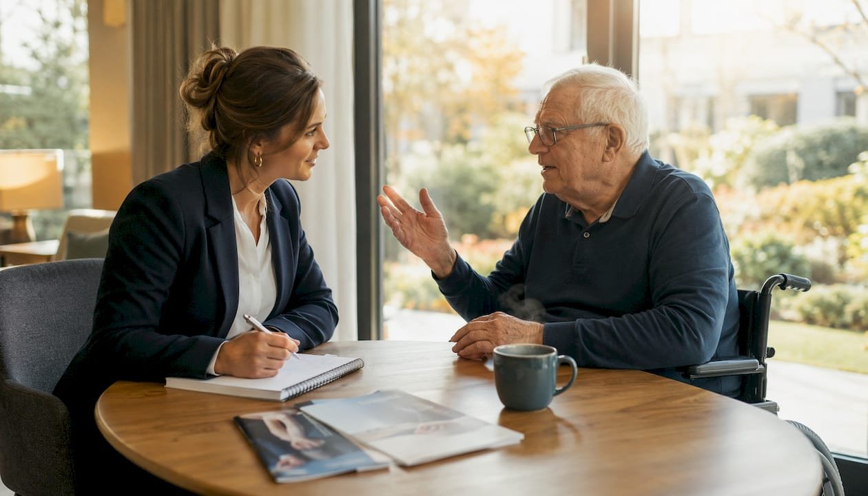 Een gesprek tussen de cliëntadviseur en een bewoner van het zorgcentrum