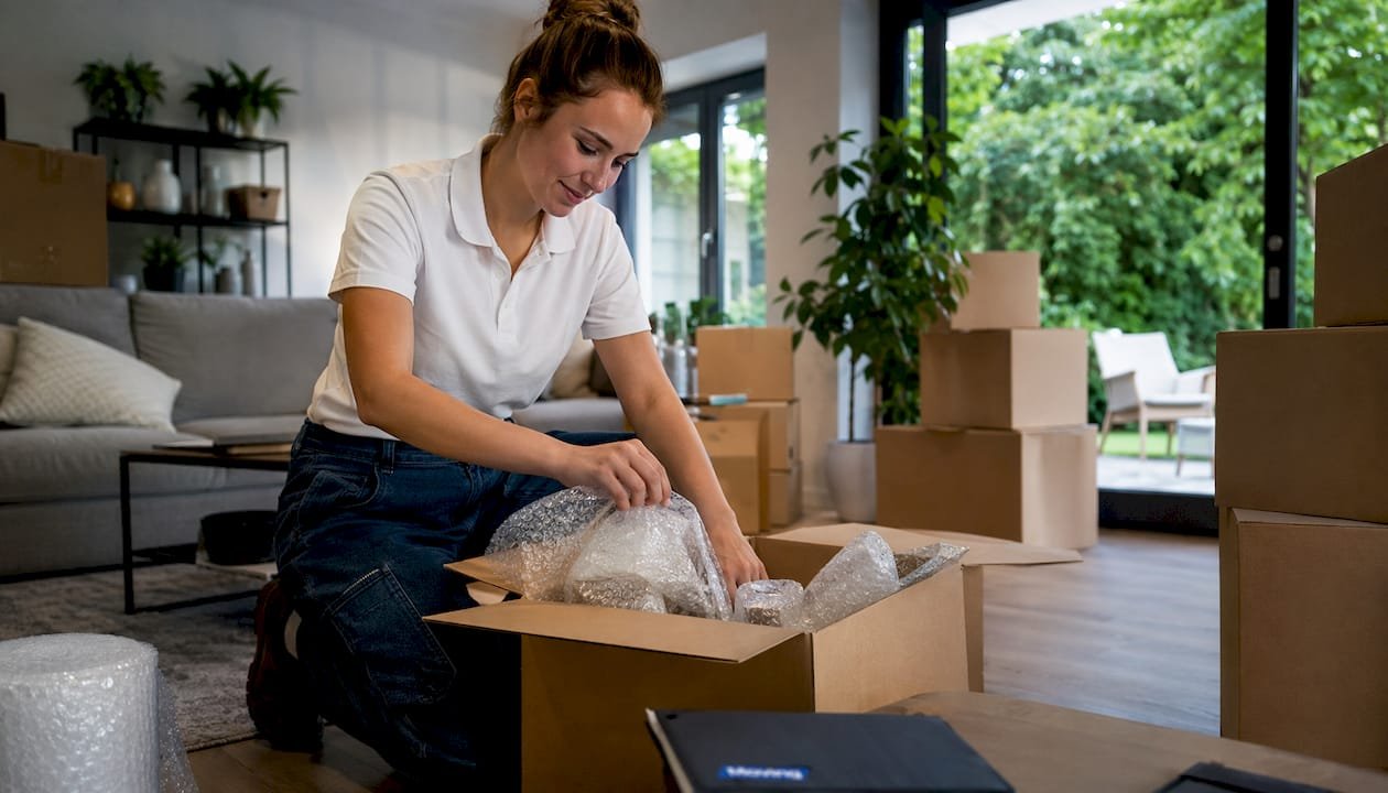 Een vrouw wikkelt breekbare spullen zorgvuldig in voor de verhuizing in het magazijn.