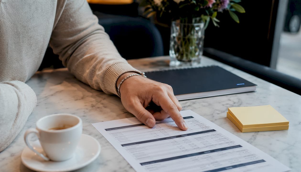 Vinger wijst naar het kostenoverzicht van de verhuizing
