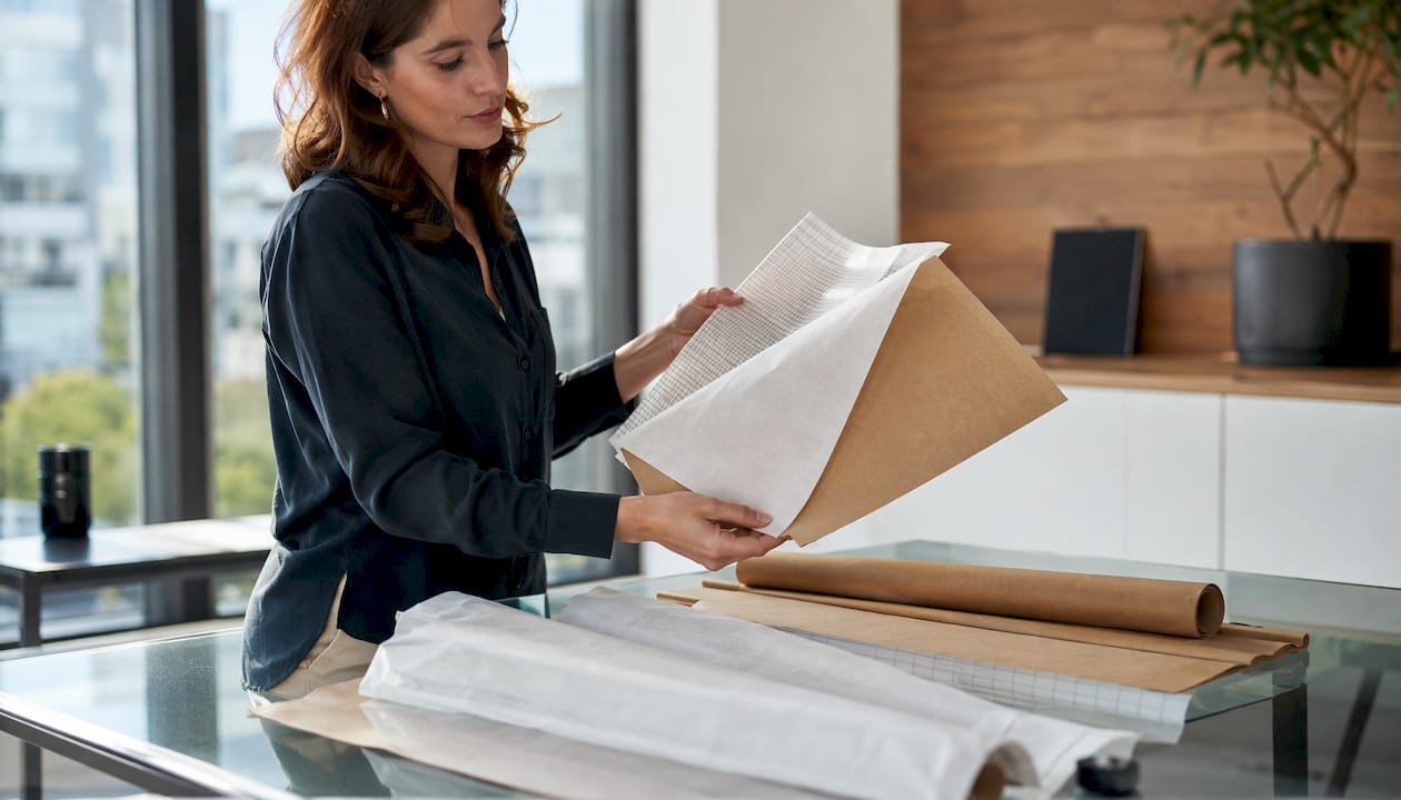 Een hand laat verschillende soorten cadeaupapier zien.