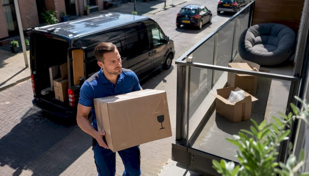 Een verhuizer tilt een verhuisdoos naar buiten bij een grachtenpand in Utrecht.