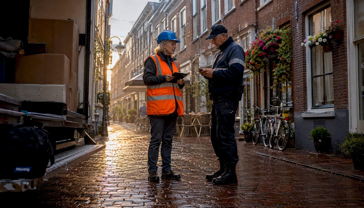 Verhuizer regelt het laden en lossen in een smalle straat in Utrecht