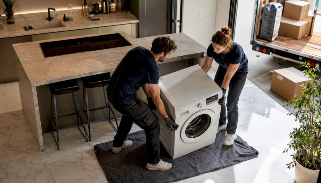 Mensen tillen samen op een veilige manier een wasmachine door het huis