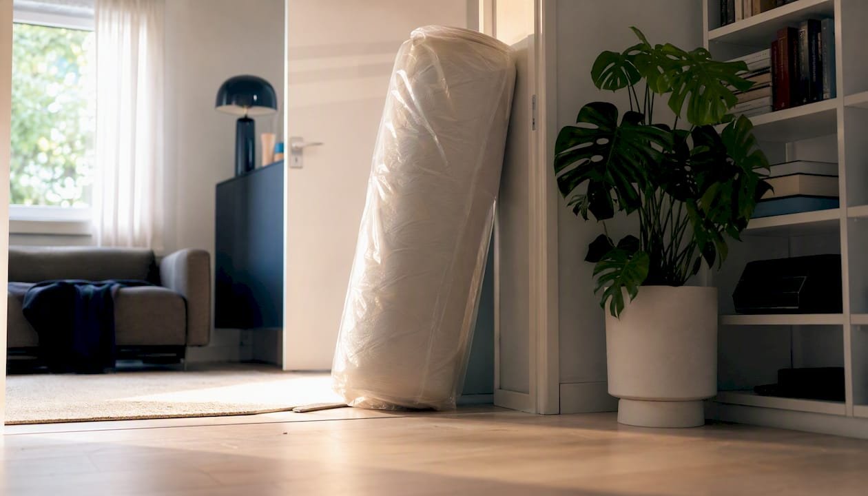De matras, nog in plastic verpakt, staat rechtop in de woonkamer.