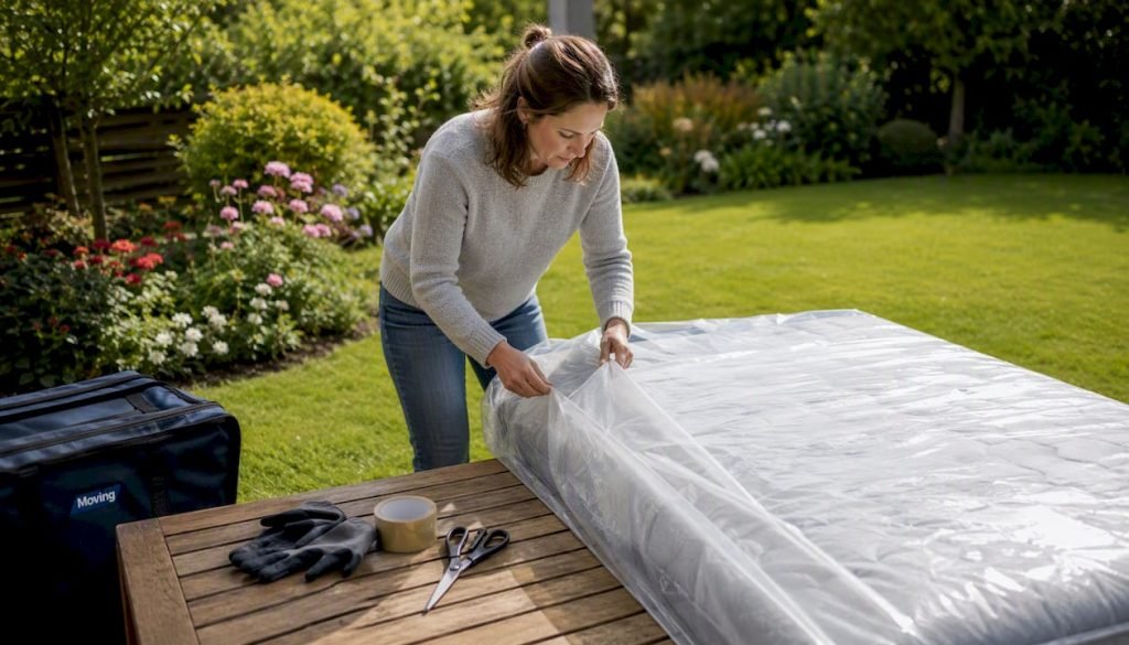 Vrouw wikkelt matras in ter voorbereiding op verhuizing
