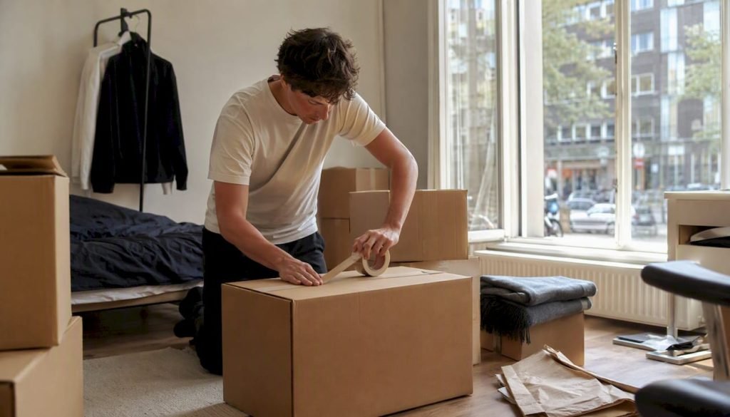 Een student is druk bezig zijn spullen in te pakken en verhuisdozen te vullen op zijn kamer.