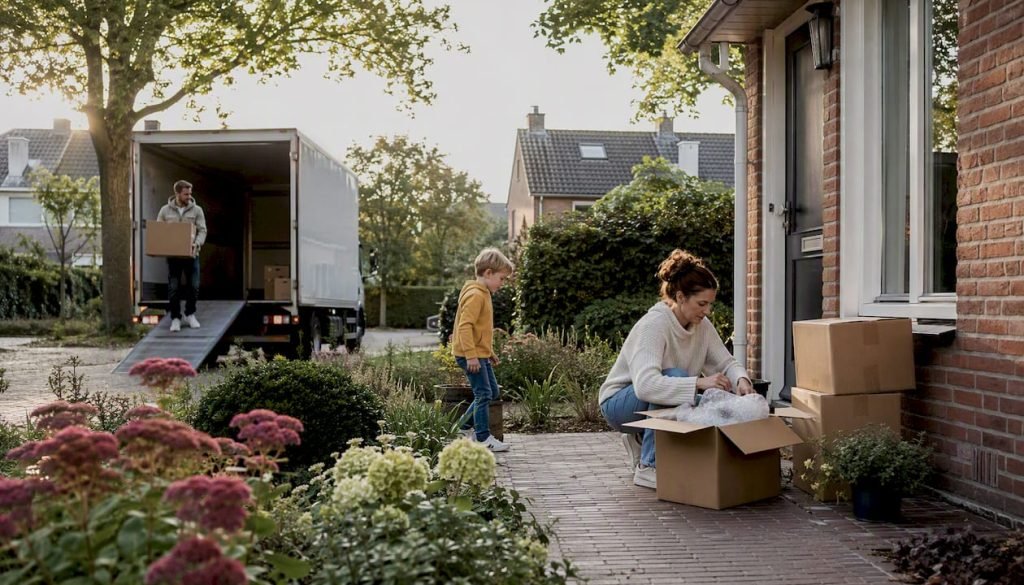 Een verhuiswagen staat voor het huis, terwijl dozen en spullen al klaarstaan om mee te gaan.
