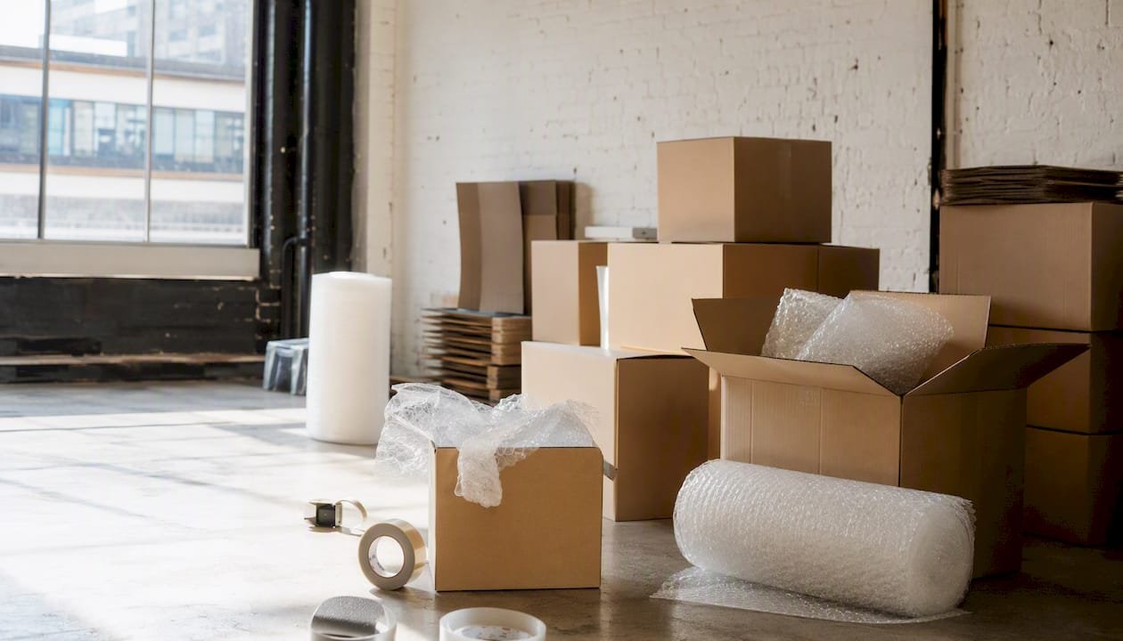 Verhuisdozen en inpakmateriaal staan klaar voor de kantoorverhuizing.