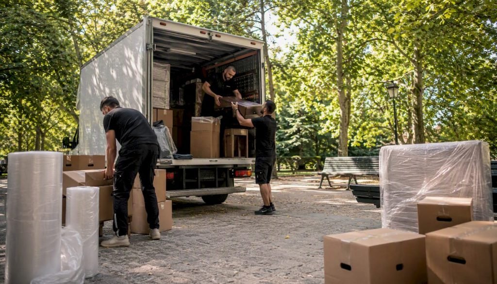 Verhuizers zijn druk bezig dozen in de verhuiswagen te laden bij een kantoor.