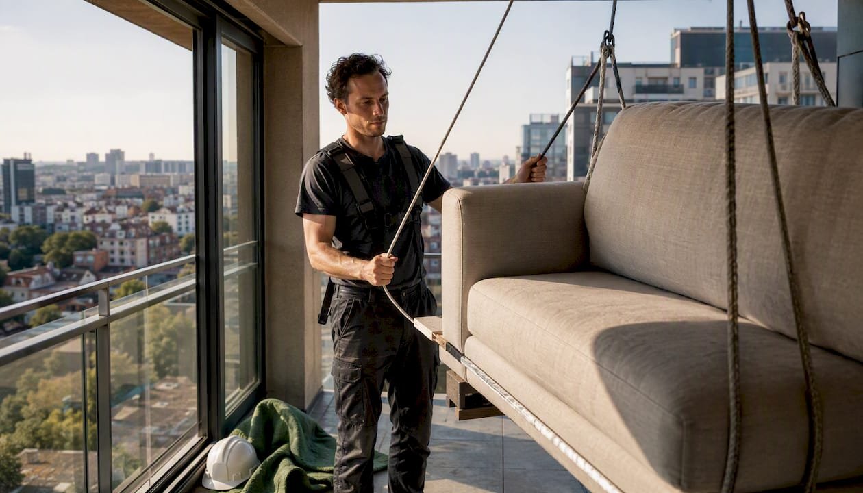 Met een katrol werd de bank via het balkon naar boven getakeld.