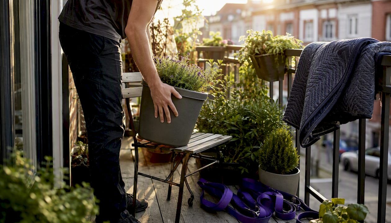 Handen maken het balkon klaar om de bank te verhuizen