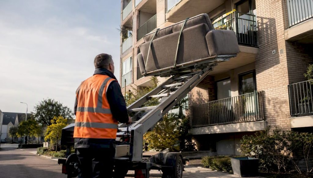 Met een meubellift wordt de bank moeiteloos naar het balkon gebracht.