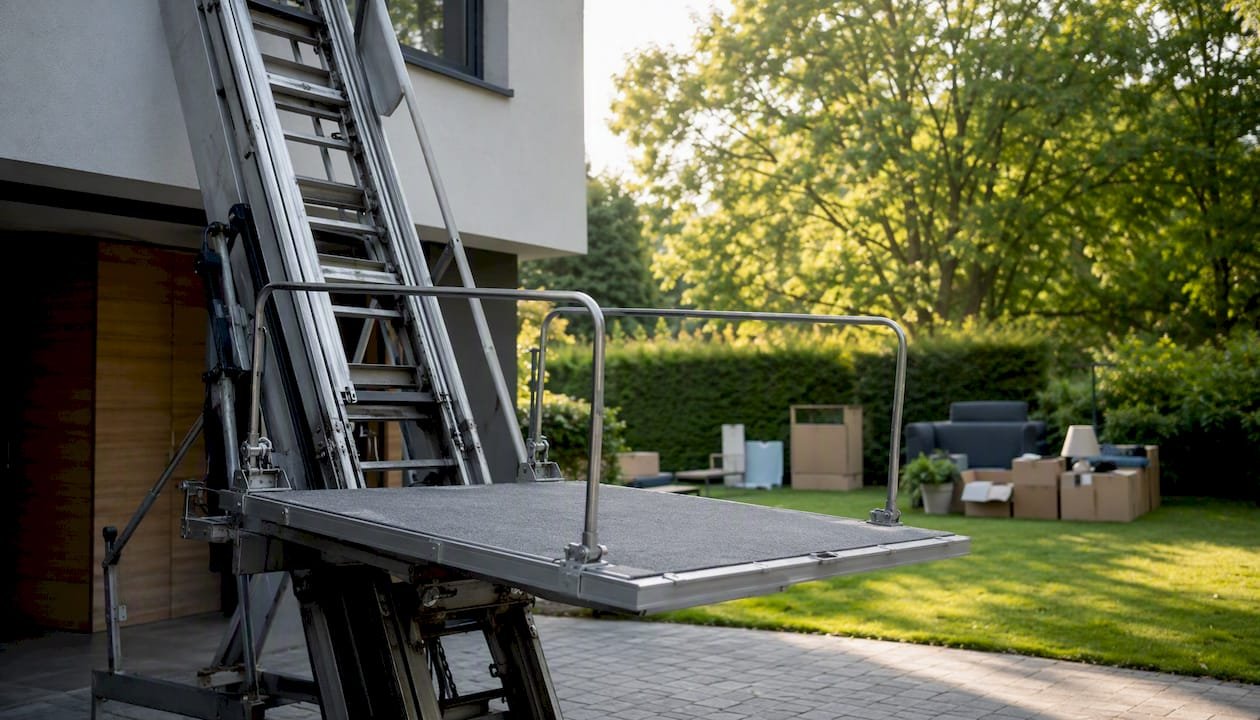 De lege verhuislift staat klaar voor het gebouw.