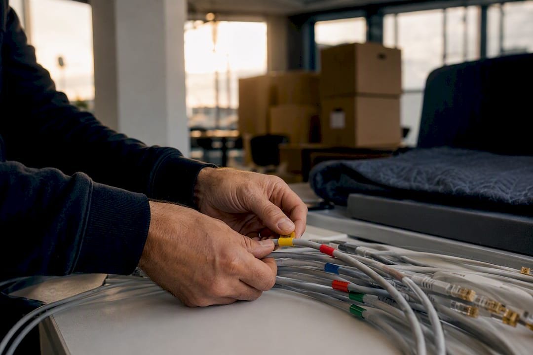 Iemand is in het kantoor bezig met het labelen van netwerkkabels.