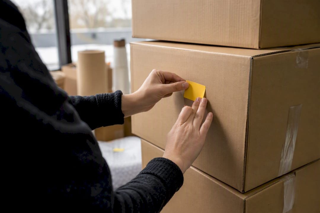 Iemand is bezig verhuisdozen te voorzien van labels voor de kantoorverhuizing.