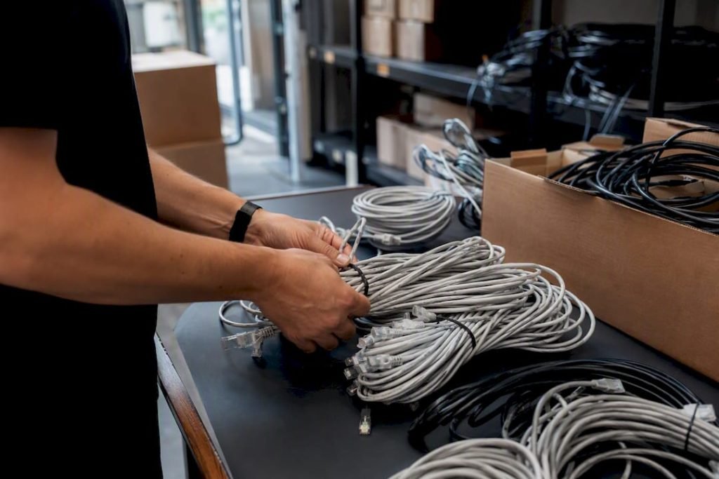 Handen die serverkabels loskoppelen en labelen