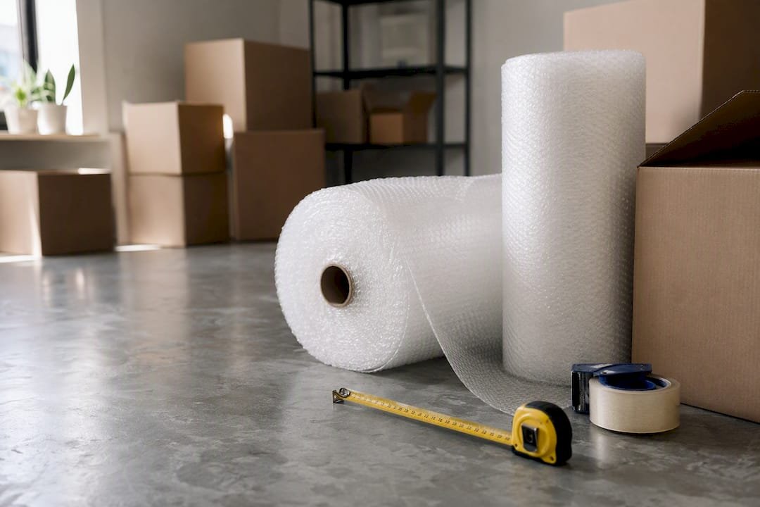 Inpakmateriaal en meetlint op tafel