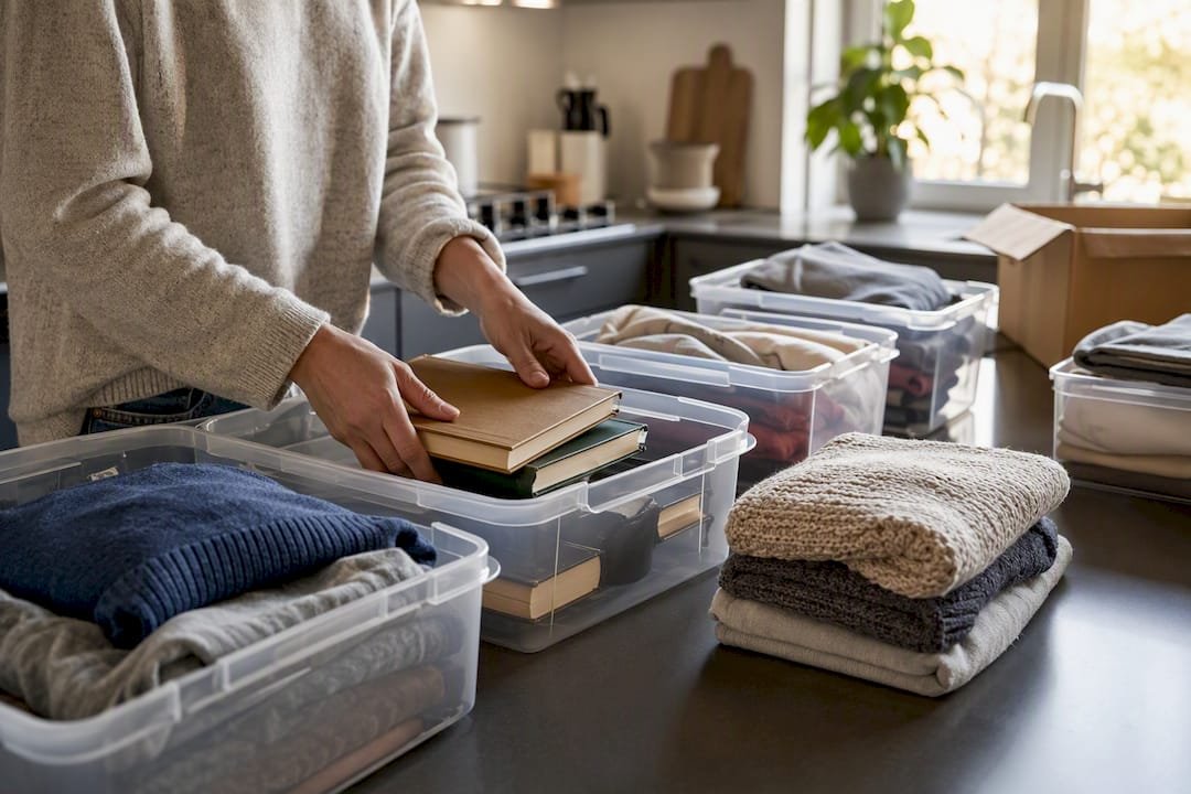 Handen die spullen sorteren in donatieboxen