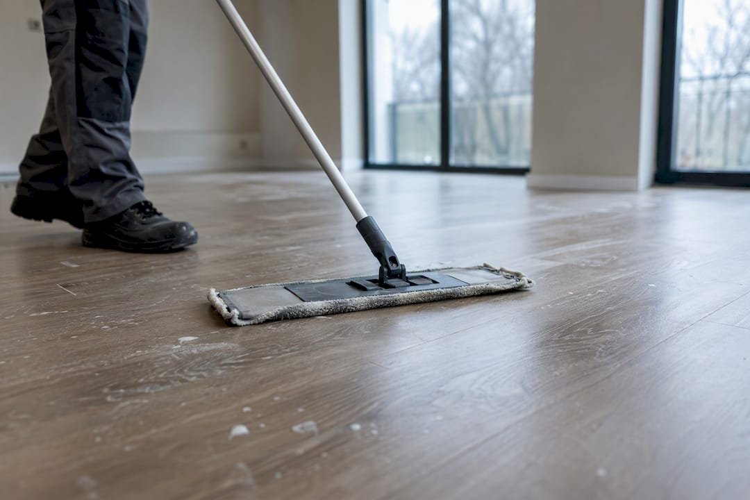 Handen die de vloer van een leeg huis dweilen