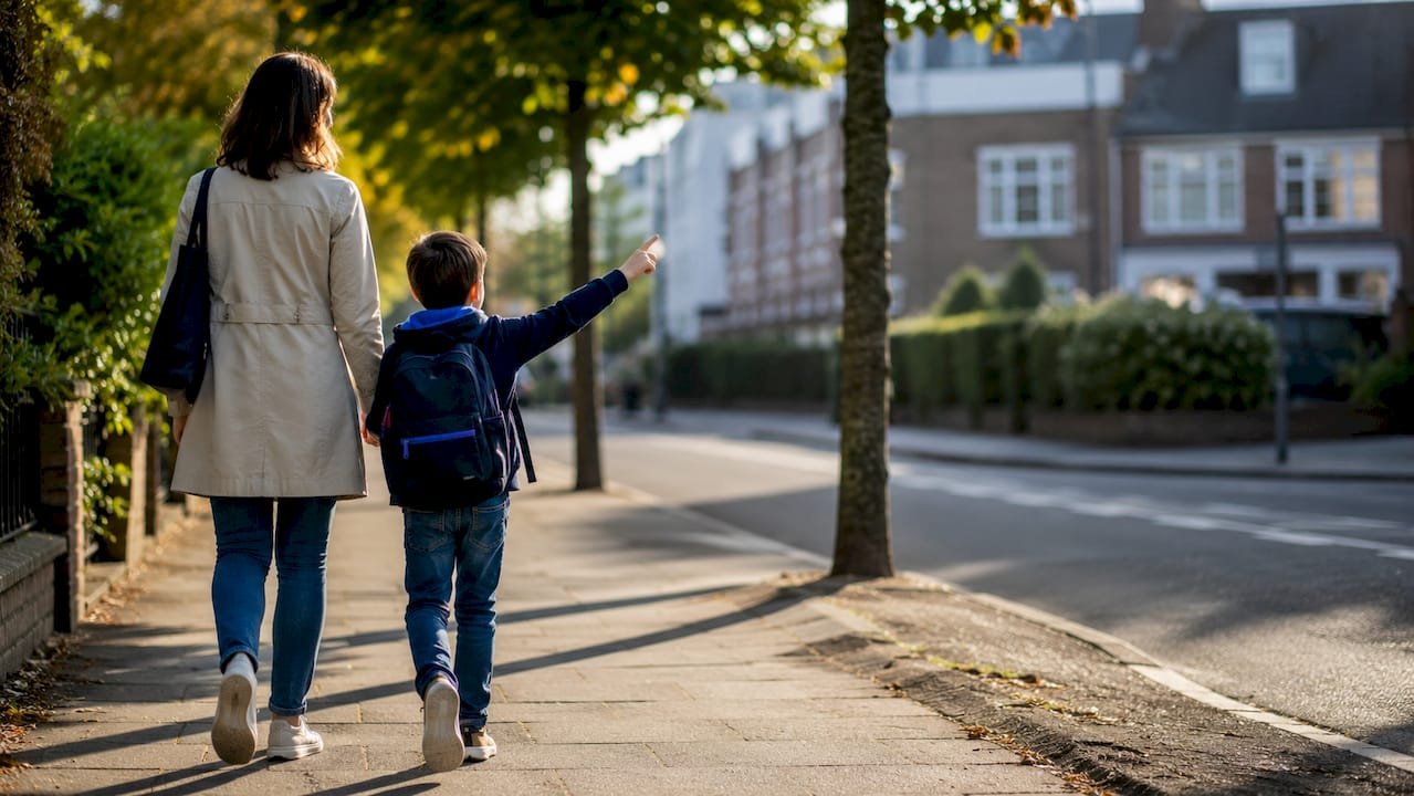 Ouder en kind oefenen samen de nieuwe schoolroute