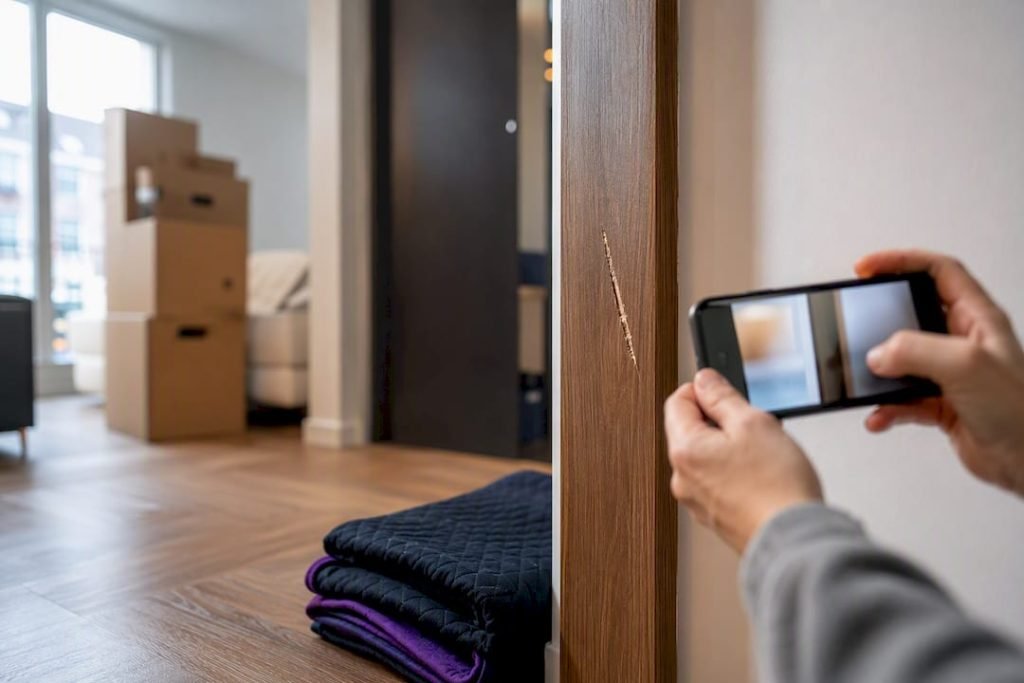 Bewoner maakt foto's van schade aan deurpost na verhuizing