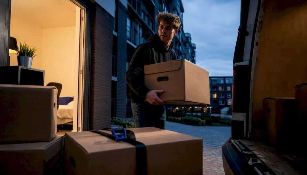 Student draagt verhuisdoos naar een onbekend busje
