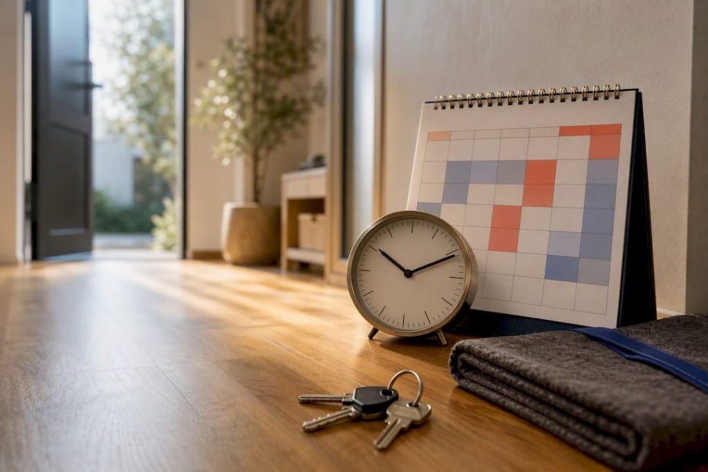 Agenda en klok bij het plannen van de verhuizing