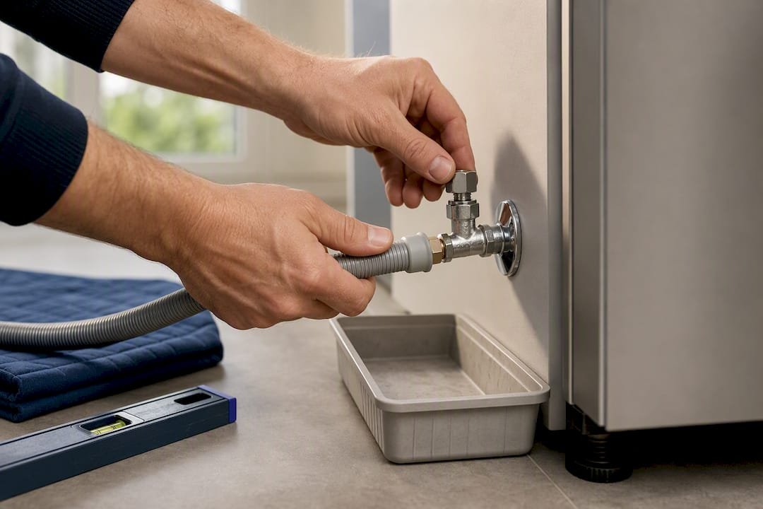 Installateur controleert de wateraansluiting van de vaatwasser