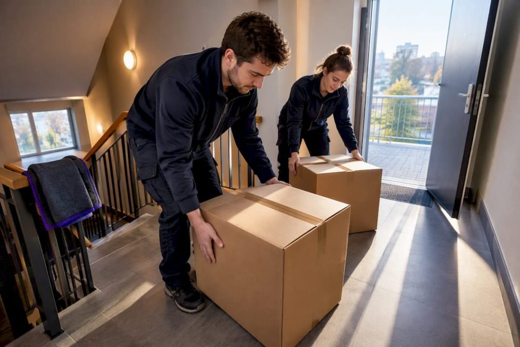 Verhuisdozen gereed in een appartementencomplex