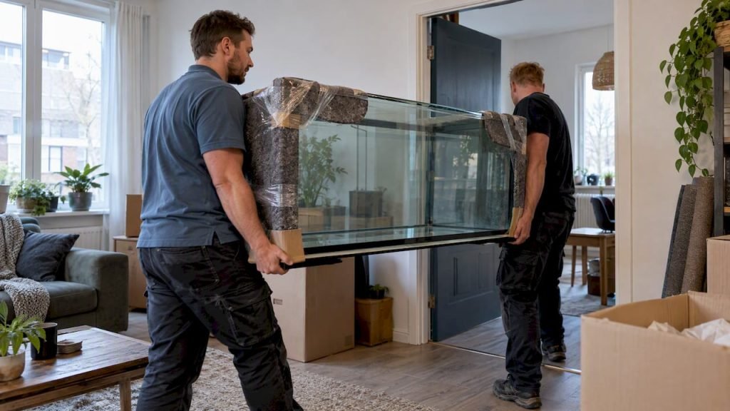 Verhuizers dragen voorzichtig een beschermd aquarium naar binnen