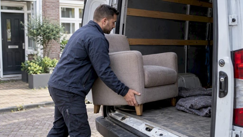 Verhuizer laadt een fauteuil in een busje