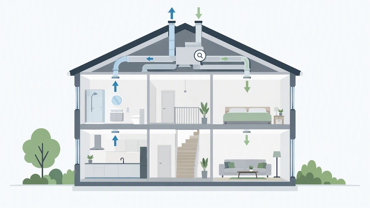 Luchtstromen van ventilatie door kamers in een woning