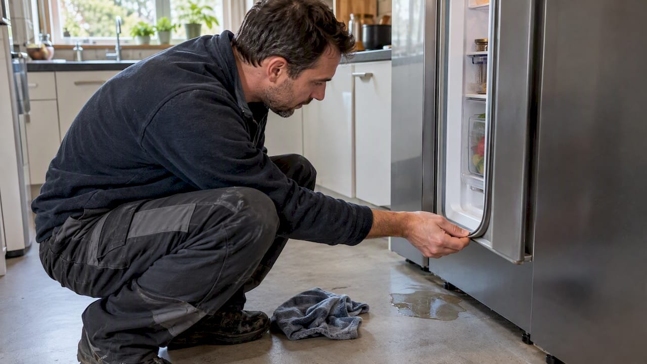 Bewoner controleert de koelkastdeurrubber en een vochtplekje