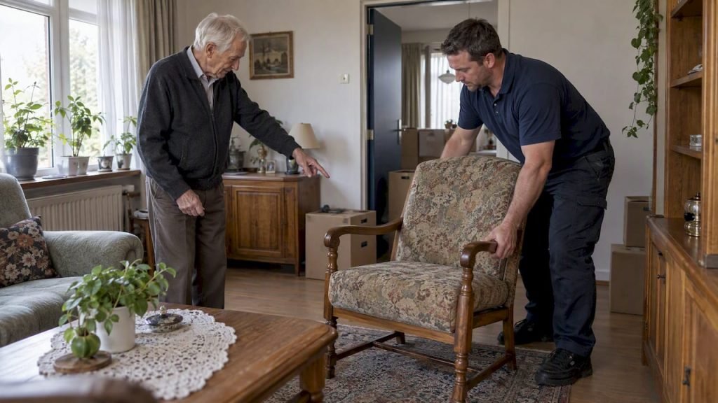 Senior begeleidt verhuizer bij het betrekken van nieuwe woning