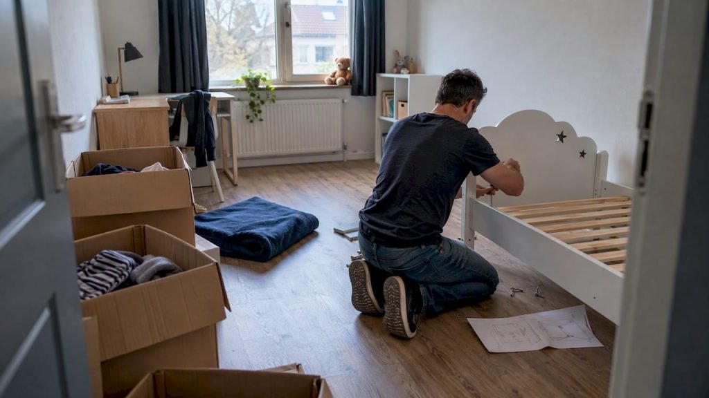 Ouder zet het kinderbed in de nieuwe woning in elkaar