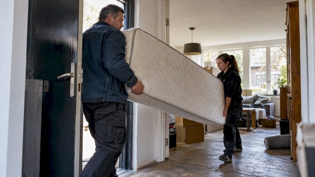 Verhuizers dragen een matras uit het appartement