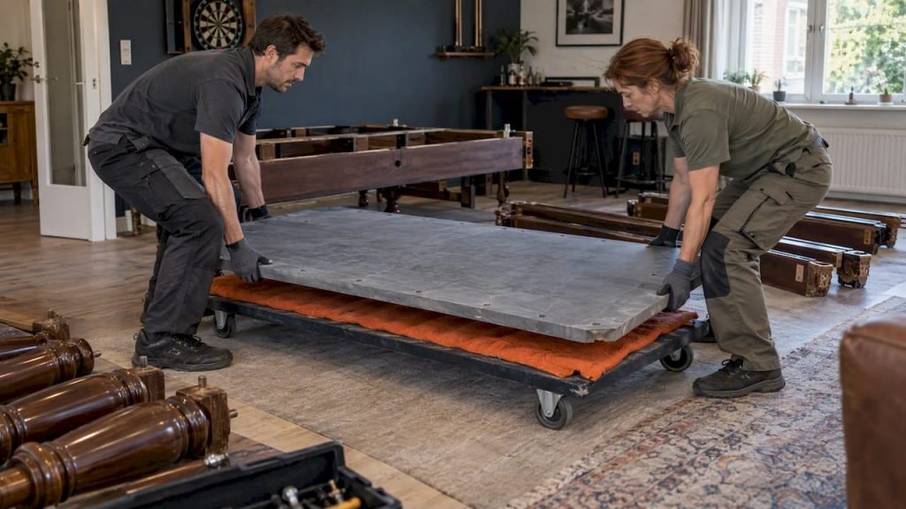 Verhuizers bevestigen een leiplaat op het transportframe